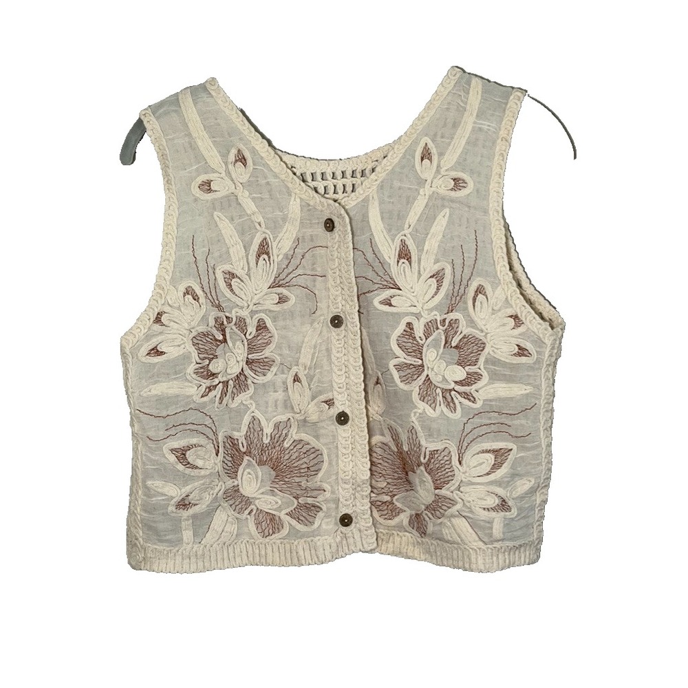 Neutral Floral Sheer Vest S Boho Indie Folk Peasant Festival Hippie Retro 80s